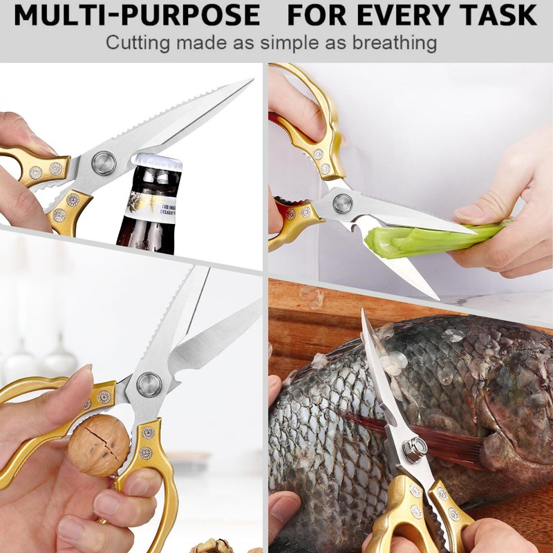 Küchenschere,Haushaltsschere aus Edelstahl, Allzweckschere,Schwere Scharfe Kochschere mit Flaschenöffner,Multifunktions für Küche,Huhn,Geflügel,Fisch,Fleisch,Kräuter,Nüsse,Spülmaschinenfest,Golden