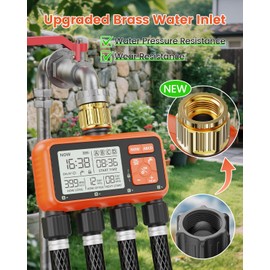 Sprinkler Timer 4 Zone with Brass Inlet Water Timer for Garden Hose Programmable Hose Faucet Controller with Independent Zone Control Custom Rain Delay Manual&Auto Watering Child Lock for Yard Lawn