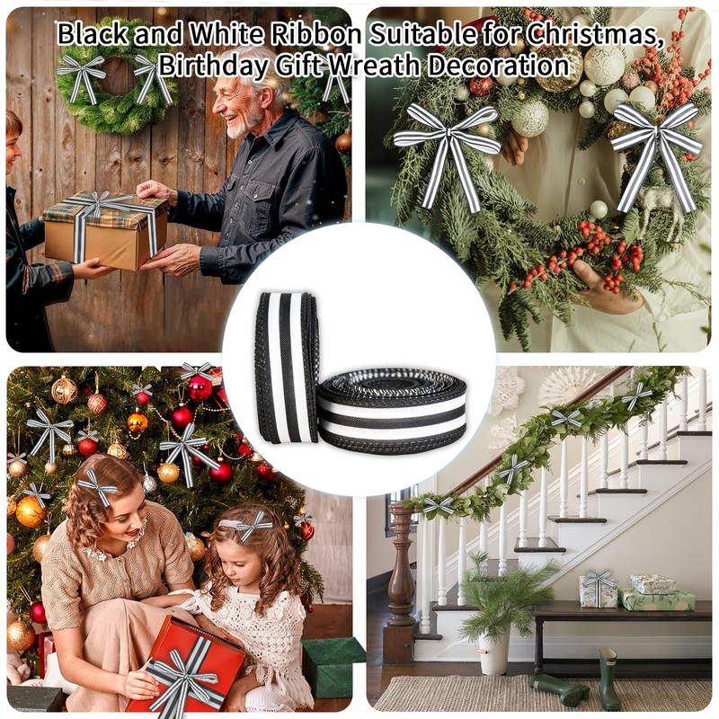 Mupera Black & White Striped Wired Ribbon - 1" x