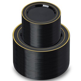 200PCS Black Plastic Plates, Disposable Plates with Gold Rim