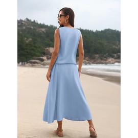 ELLEVEN Linen Sets for Women 2 Piece Skirt Outfits Summer Two Piece Vest Sets Going Out Maxi A-line Long Flowy Skirt Sleeveless Tank Top Casual Matching Dress Set Spring Vacation Airy Blue X-Large