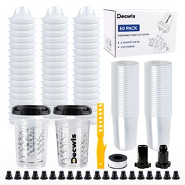 Decwls Disposable Paint Gun Cup 6oz - Disposable Paint Cups Kit, 50 Pack Liners and Lid, 2 Adapters & Hard Paint Mixing Cups with Retainer Ring, 20 Plugs, Paint Stirrer, PTFE Tape for Spray Gun