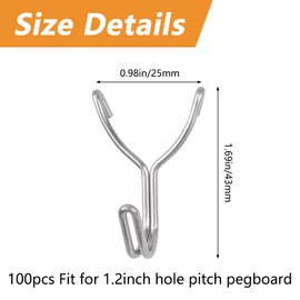 MOROBOR Pegboard Hooks 100pcs,1 Inch Silver J Hooks, Stainless Steel Fit for 1.2Inch Hole Pitch Pegboard, Will Not Fall Out, Display Hooks for Hanging Necklaces, Earrings, Jewelry, Keys