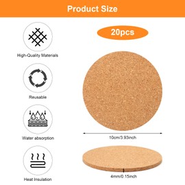 Coasters Cork Round Retro Coasters Set of 20 Coasters Wooden Cork Coasters 10 cm 4 mm Thick Coasters Reusable Absorbent for Drinks Coffee Tea Coasters for Restaurant Office