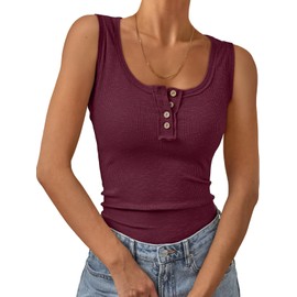 Kissfix Tank Tops for Women Summer Casual Cute Sleeveless Henley Shirts Beach Vacation Clothes Basic Tees WineRed M