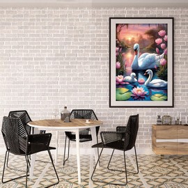 Swan Diamond Painting Pictures for Adults, 5D Lotus Diamond Painting Set, DIY Diamond Painting Pictures, Round Stones Diamond Painting for Home Decor, 30 x 40 cm