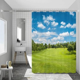 GardEssere Green Golf Field Shower Curtain with 12 Hooks Golf Course Blue Cloudy Sky Shower Curtains for Bathroom Grassland Great Lawn Bathroom Decor Waterproof Bath Curtain 183X183 CM