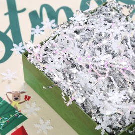 PAPER FAIR 1LB Metallic Silver Diamond White Crinkle Cut Paper Shred Filler w/Snowflake Confetti, Christmas Gift Wrap Packaging Strand, Craft Bedding Cushion, Birthday Box Basket