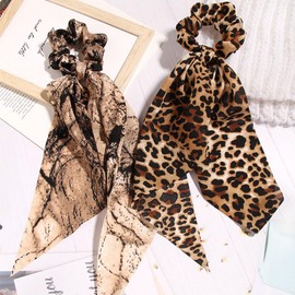 3PCS Big Bow Hair Ties, Bowknot Hair Scrunchies Fabric Long Hair Ribbon Knotted Bow Ponytail Holder Leopard Check Elastic Hair Accessories for Women Girls (Leopard)