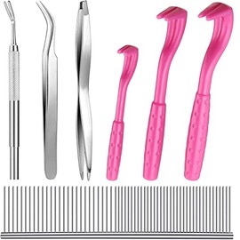 Boao Tick Removal Tool Kit, Include 3 Pieces Plastic Removers, 3 Pieces Stainless Steel Tweezers with Comb for Dog and Cats(Pink)
