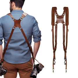 HERCHR Double Camera Strap, Camera Strap Accessory for 2 Cameras, Vintage Multi Gear Camera Strap for DSLR/SLR Universal Strap for Women/Men (Brown)