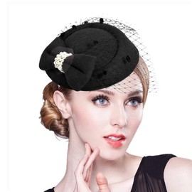 Women Vintage Pillbox Hat Bowknot Veil Hat Side Clip Fascinator Hat Party Headdress Black