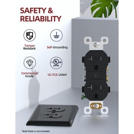 AIDA 20 Amps Outlets Duplex Electrical Receptacle Outlets,Tamper Resistant,Heavy-Duty Receptacle Wall Outlet,Residential,TR,3-Wire, Self-Grounding Clip, NEMA 5-20R,UL Listed (50 Pack, Black