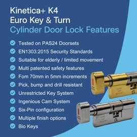 UAP Kinetica+ K4 3* Kitemarked Key & Turn Euro Cylinder Door Lock - Unparalleled Home Security & Safety System - with Bio Key, 6-Pin, Anti-Bump, Anti-Drill Features (110mm 50-10-50T (55/55T) (Nikel)