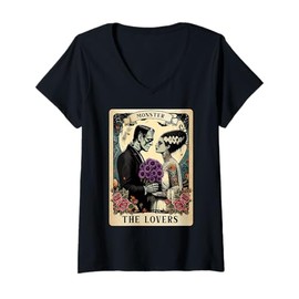 Womens The Monster Frankenstein and Bride The Lovers Tarot Card V-Neck T-Shirt