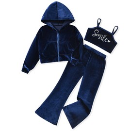fioukiay Girls Sweatsuits Set Velour Tracksuit 3 Piece Outfits Zip Up Hoodies Camisole and Flare Pants Athletic Jogging Set Blue 11-12 Years