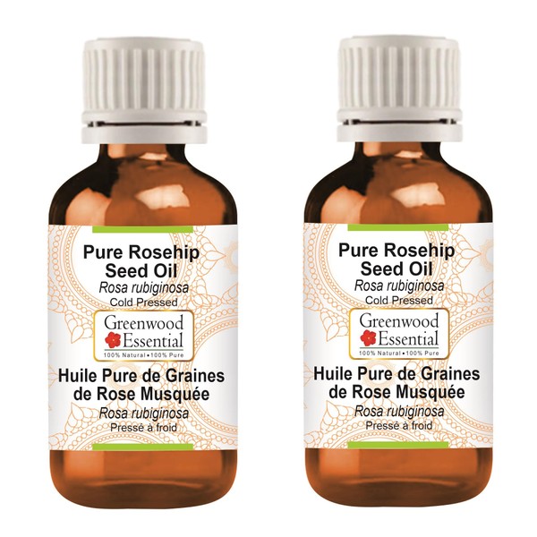 Greenwood Essential Pure Rose Hip Seed Oil (Pink Ruiginosa) Natural Therapeutic Quality Cold Pressed (Pack of Two) 100 ml x 2 (6.76 oz)