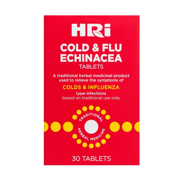HRI Cold and Flu Echinacea - 30 Tablets. to Relieve The Symptoms of Colds and Flu Type Infections. 338 to 450 mg of Echinacea Purpurea. 1 Pack