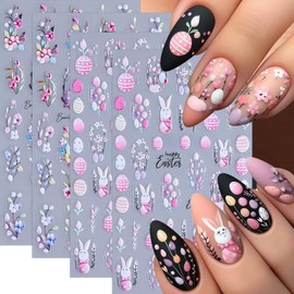 4Sheets Easter Rabbits Nail Art Stickers Bunny Eggs Flower Nail Stickers Self Adhesive Cartoon Cute Bunny Floral Nail Designs Colorful Flower Nail Art Supplies for Women Girls Manicure Accessories