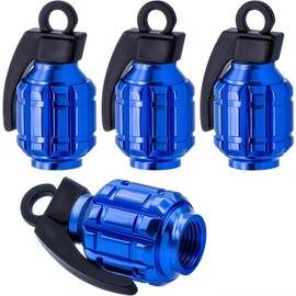 4 PCS Valve Stem Dust Caps – Alloy Tyre Valve Covers Grenade Style – Universal Dust Caps for Bikes, BMX Accessories, Cars, Motorbikes, SUVs & Trucks – Durable Anti-Proof Wheel Caps (Blue)