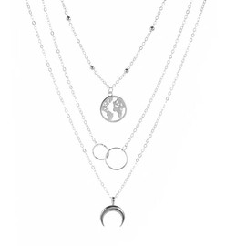Sterling Silver Layered Necklace Set, World Globe Charm, Crescent Moon Pendant, Circle Links
