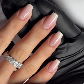 KQueenest Ombre Press on Nails Short Medium Square, French Tip False Nails Short Coffin, Gradient White Pink Fake Nails Press ons, Perfectly Fit, Reusable Gel Stick on Nail for Women Daily Wear 24 Pcs