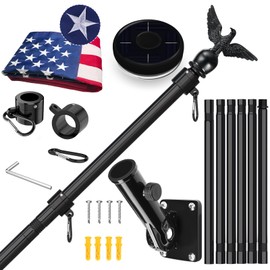 7FT Black Flag Pole Kit for Outside House with American Flag & Solar Light,1" Thickened Stainless Steel Wall Mount Flagpole with 180°Adjustable Bracket for Residential Outdoor Porch