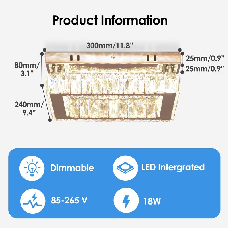Dimmable Crystal LED Flush Mount Ceiling Light, 11.8"×9.1" Rectangular Close