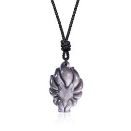 COAI Unisex Necklace with Nine-Tailed Fox Pendant, Nylon Silver Obsidian Nylon, Silver Obsidian