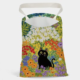 VYXVYX Car Garbage Can, Car Trash Bag Hanging, Country Style Design Hanging Drawstring Adjustable Buckle, SUV, Camping Road Trips, Cute Prints Colorful Flower Field Black Cat 12 x 10 inches