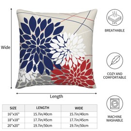AWJTNCQ Navy Blue and Red Dahlia Floral Throw Pillow Covers 18x18 Set of 2 White Grey 4th of July Patriotic Outdoor Pillows Cover Summer Linen Decorative Cushion Case for Couch Bed Decor