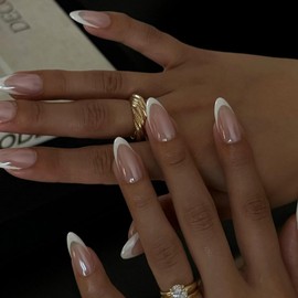 24 Pcs Plated White French Fake Nails,French Tip False Nails,Medium Almond Press On Nails,Elegant Fake Nails,Full Cover Fake Nail T/ips with Glue,Frenc/h Ti/p False Nai/ls,Frenc/h Ti/p Press On