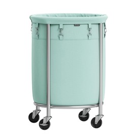SONGMICS Laundry Basket with Casters, Rolling Laundry Hamper, 29 Gal., Round Laundry Cart with Steel Frame and Removable Bag, 4 Casters and 2 Brakes, Mint Green and Metallic Silver URLS002C01