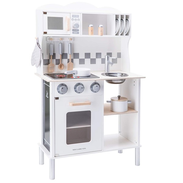 New Classic Toys Wooden Pretend Toy Kitchen for Kids with Role Play Bon Appetit Electric Cooking Included Accesoires Makes Sound, Modern White