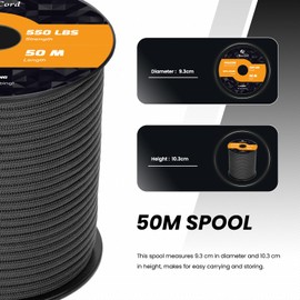 Abma Cord Paracord 550 Nylon Rope Paracord 4 mm Cords (15 m - 30 m - 50 m - 100 m) with 7 Core Type III Survival Parachute Cord Top 45 Hot Colours - Max. 250 kg - Black, 50 m