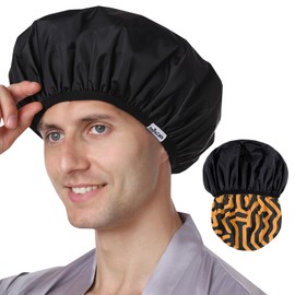 Years calm Men Shower Cap Reusable Waterproof, Dual-Layer Design, Double-Sided Use, Protects Hair in Shower, Spa, Travel & Cooking, Adjustable Elastic for Comfortable Fit (Orange Striped, One Size)