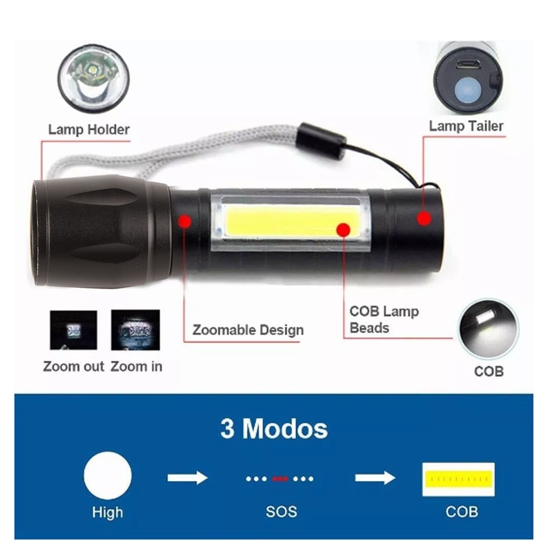 4Pcs Retractable Flashlight COB LED Zoom Flashlight Rechargeable Strong Light