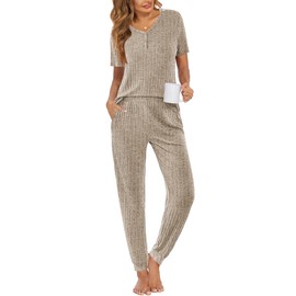 Ekouaer Pajama Sets for Womens Rib Knit Lounge Set Jogger Pants Short Sleeve Sleepwear 2 Piece Outfits Set with Pockets Khaki