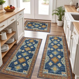 Boho Kitchen Rugs Set of 3 Non Slip Washable Kitchen Mats for Floor Vintage Farmhouse Kitchen Rug Soft Runner Rug for Hallway, Laundry Room, Indoor Entryway, Blue