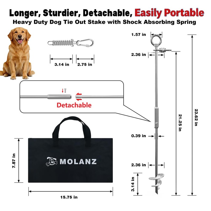 MOLANZ Dog Tie Out Stake with Shock Spring, Dual 20ft
