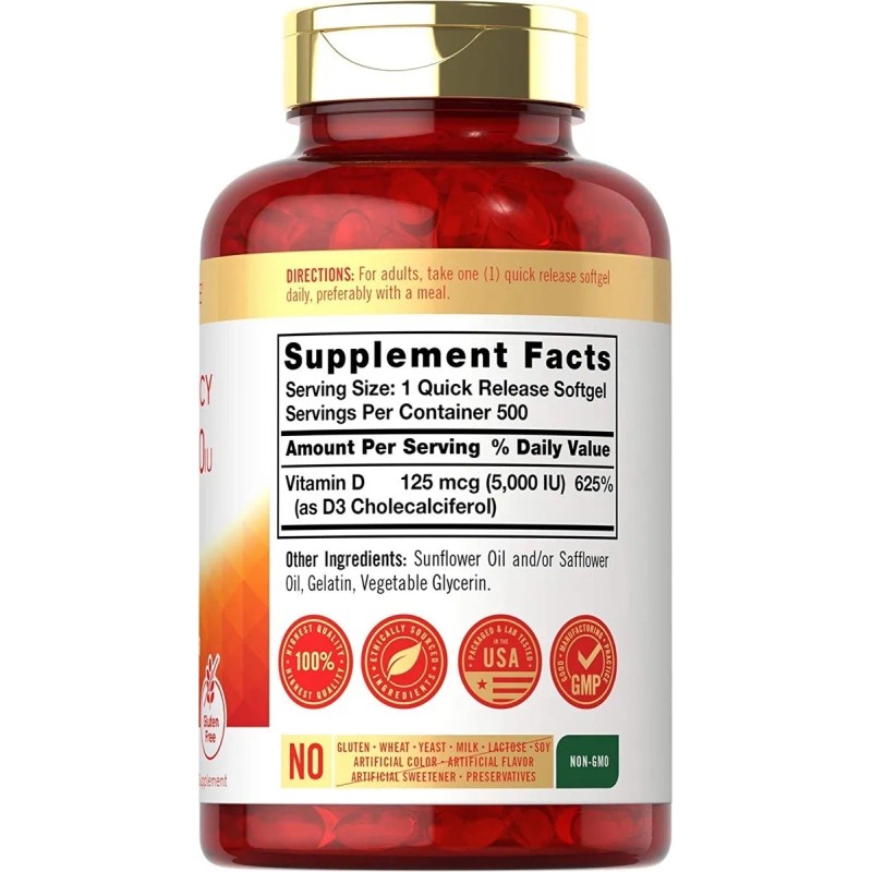 Vitamina D3 5,000iu Natural 500 Softgels Sabor N/A