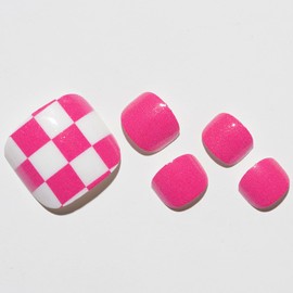 GLAMERMAID Press on Toenails, Spring Summer Glitter Hot Pink Plaid Gel Glue on Toe Nails, Glossy Toe Nails Reusable UV Finish Fake Nails Acrylic False Nails Manicure Kits for Women