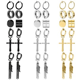 NEWITIN 15 Pairs Magnetic Stud Earrings for Men Clip on Earrings Stainless Steel Magnet Earring Unisex Dangle Cross CZ Hoop Magnetic Stud Earring Set for Men Women, Stainless Steel, Cubic Zirconia