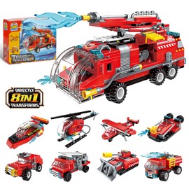 QLT City Fire Truck Building Kit for Children from 6-12 Years, City Fire Truck 8-in-1 Clamping Building Blocks, Helicopter Toys Building Sets (313 Pieces)