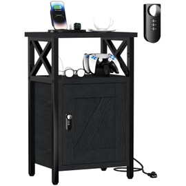 runjuly Wooden Nightstand with Charging Station, Bed Side Table with Drawers, Bedside Table with Lock, 3 USB & 2 Outlets, Night Stand with Storage, End Tables for Living Room, Bedroom, Dorm, Black