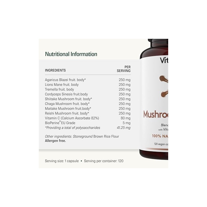 Mushroom Supplement - Lions Mane, Reishi, Cordyceps, Shiitake, Maitake, Chaga,