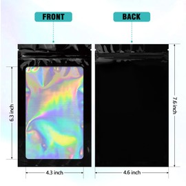 Mylar Bags Holographic Bags 200 Pack Resealable Bags Small Bags with Clear Window for Small Business Food Storage (4.7x7.9 Inch Black)