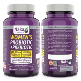 NAKA Naka Platinum Women's Probiotic + Prebiotic, 100 Billion input during production, 50 Billion minumum at expiry date, Live Cultures From 16 Function Specific Strains Designed To Support Female Physiology, Made in Canada (30+5 FREE)