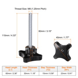 QUARKZMAN Pack of 2 Star Handles M8 x 80 mm Thread Plastic 4-Star Knob Hand Tightening Clamping Screw Replacement Thread Handle, Black