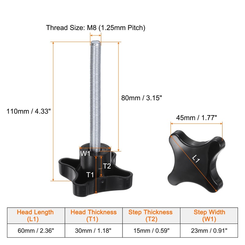 QUARKZMAN Pack of 2 Star Handles M8 x 80 mm